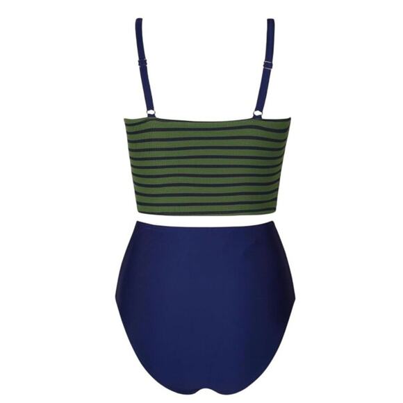 Cupshe Women’s 2-Piece Swimsuit M Green Blue Striped Crop Top High Waisted Bikin - Picture 5 of 9